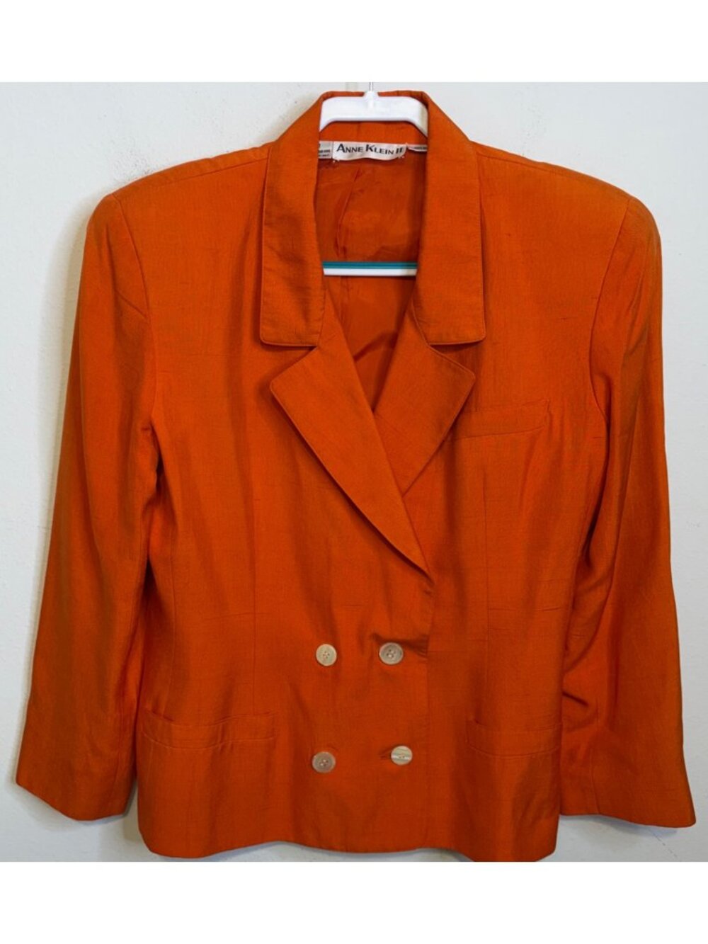 Vintage Anne Klein II Blaze ORANGE 100% Silk Blazer Jacket Size 12 Hong Kong